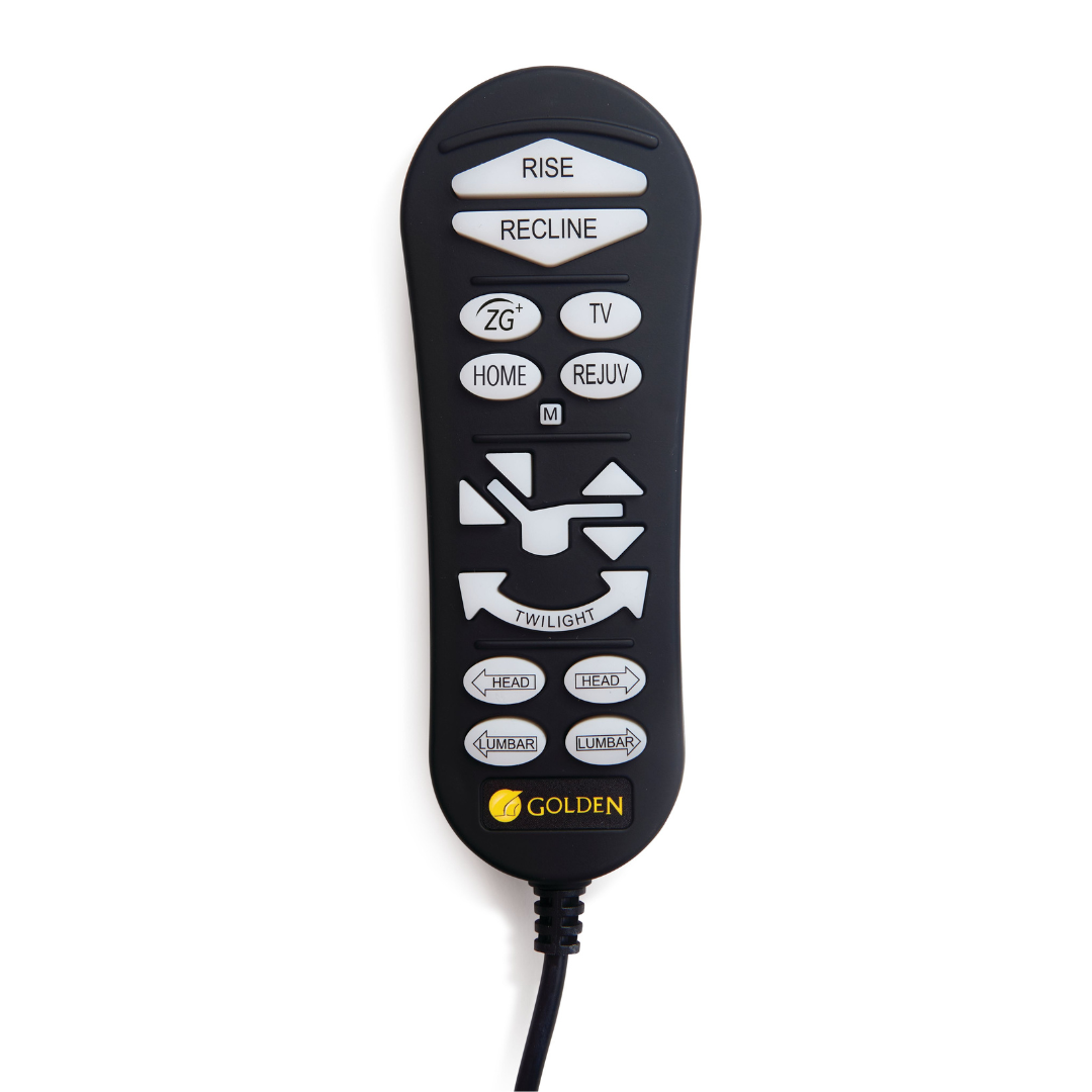 The Golden Technologies Lift Chair Remote Replacement is a black remote featuring buttons labeled Rise, Recline, TV, Home, and Rejuv. It includes directional arrows and settings for head, lumbar, and twilight adjustments with Golden printed near the base.